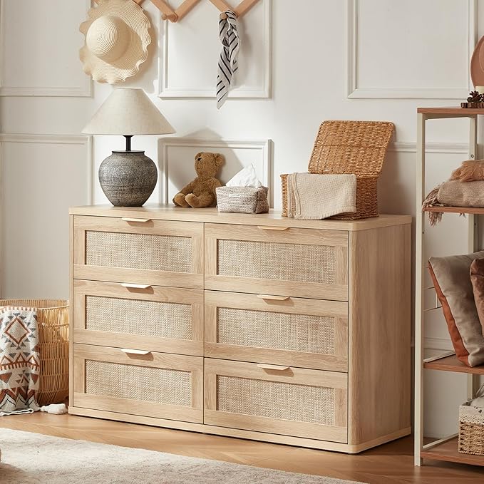 LEYAOYAO Rattan Dresser and Nightstand Sets 3 Piece, Boho Wood Dresser for Bedroom with 6 Drawers and Night Stand with 3 Drawer, Bedroom Furniture, Dressers & Chests of Drawers, Living Room, Hallway