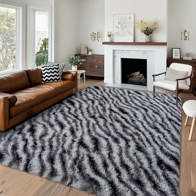 Fluffy Rugs for Living Room, 5x7 Ft Black White Zebra Shag Rugs for Bedroom Dorm Kids Room Nursery, Soft Non-Slip Modern Fuzzy Plush Carpet for Indoor Home Decor