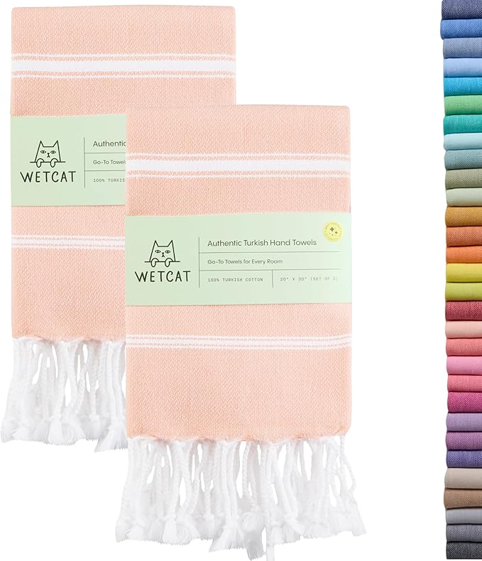 WETCAT Turkish Hand Towels with Hanging Loop, Set of 2 (20" x 30") 100% Turkish Cotton, Pre-Washed, Quick Drying, for Kitchen or Bathroom - Peach