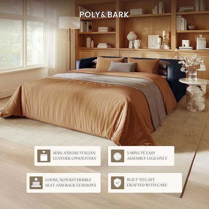 Poly & Bark Napa 82" Leather Pull‑Out Sleeper Sofa – Full‑Grain Italian Leather Upholstery,Tri‑Layer Mattress & Storage Console –Sophisticated Multi‑Functional Sofa Bed for Living Rooms & Guest Spaces
