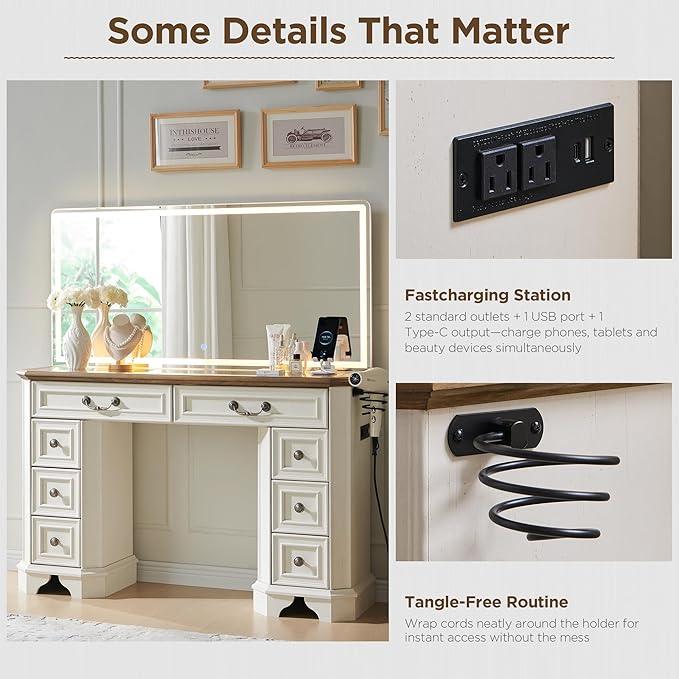 T4TREAM Vanity Desk with Mirror and Lights, 48'' LED Lights Makeup Vanity with 8 Drawers, Farmhouse Vanity Table with 3 Color Modes, Dressing Table with Glass Top and Power (Antique White)