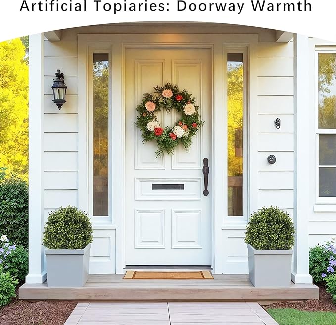 27“ Realistic Artificial Boxwood Topiary Trees Set of 2, Faux Plants Outdoor UV-Resistant, Fake Evergreen Bushes & Shrubs for Front Porch Outside Planter Decor