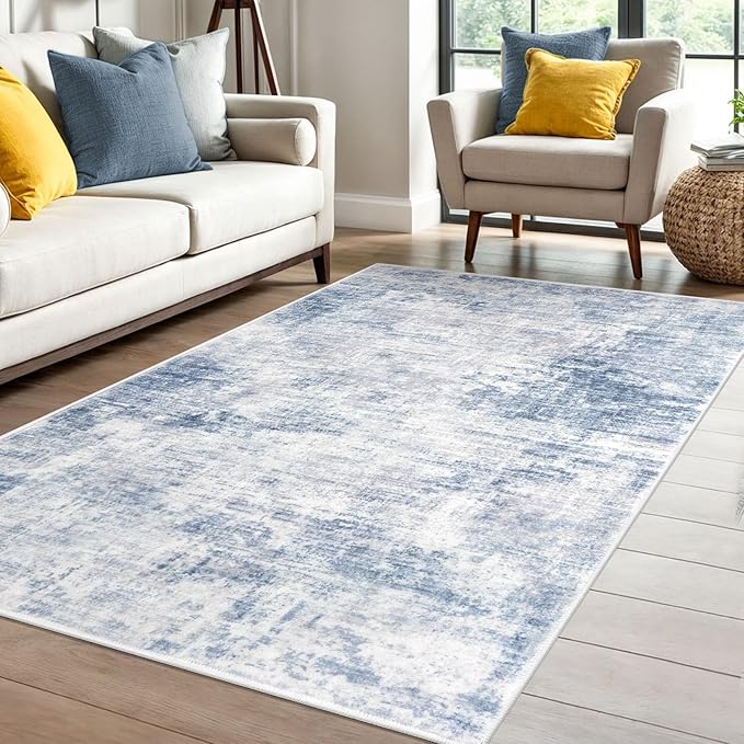 IOHOUZE Abstract Area Rug 4x6 Ft Washable Rugs for Entryway Indoor, Non Slip Small Living Room Rugs Printed Faux Wool Throw Rug, Floor Carpet for Kitchen Nursery Playroom, Light Blue White