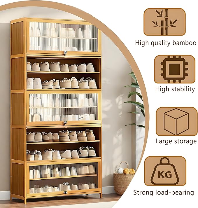 Tall Shoe Cabinet with Clear Doors, Large Capacity Bamboo Shoe Cabinet, 40-45 Pairs Shoe Rack Organizer for Closet Entrance, Hallway, Living Room, Bedroom