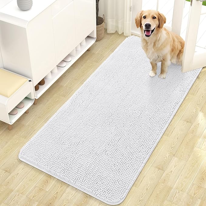 OLANLY Dog Door Mat for Muddy Paws 47x24, Absorbs Moisture and Dirt, Absorbent Non-Slip Washable Doormat, Quick Dry Chenille Mud Mat for Dogs, Entry Indoor Entryway Carpet for Inside Floor, White