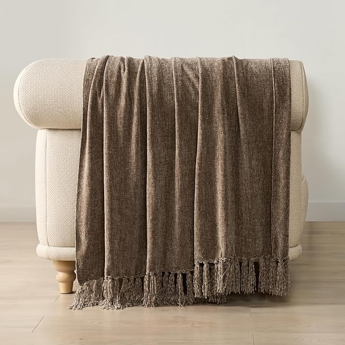 EVERGRACE Soft Chenille Throw Blanket for Couch, Cozy Plush Fuzzy Decorative Chenille Knit Throw Blanket with Tassels, Lightweight Blanket and Throws for Bed Sofa Gift Home Decor, Mocha Brown 50"x60"