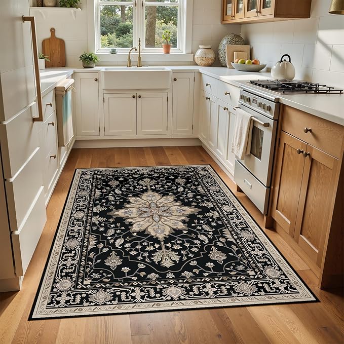 Area Rugs 4'x6' Washable Non-Slip, Floral Vintage Distress Print Pattern Medallion Carpet for Living Room Bedroom Dining Room, Black Brown Neutral Dark Tan