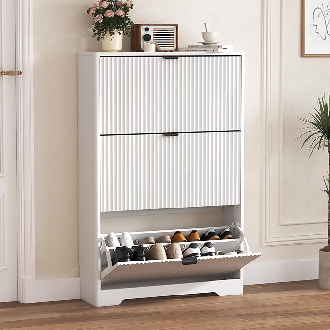 Shoe Cabinet Storage for Entryway with 3 Flip Drawers, White Fluted Shoe Cabinet with Adjustable Shelves, Wooden Hidden Shoe Rack Freestanding Narrow Slim Shoes Storage for Hallway, Entrance