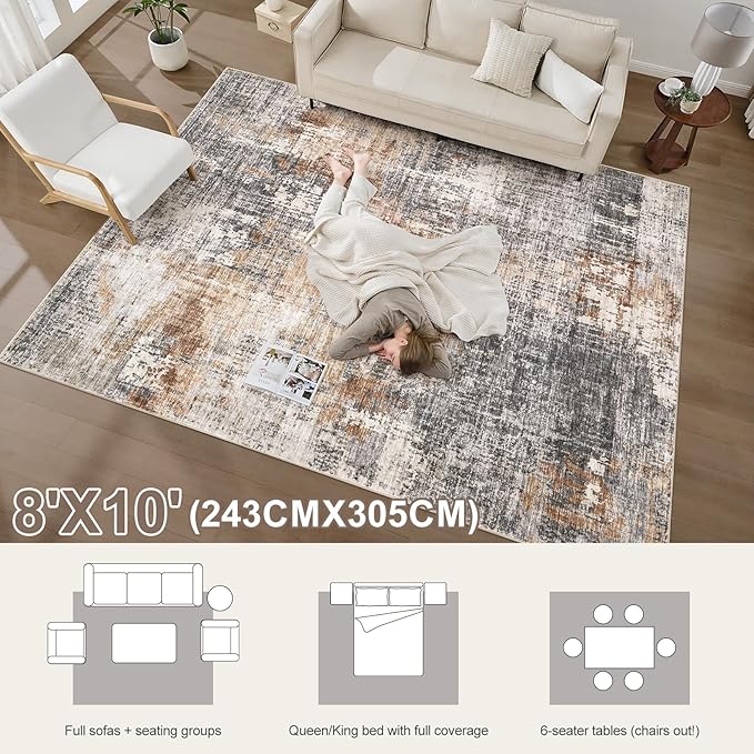 Area Rug Living Room Rugs - 8x10 Washable Large Soft Indoor Neutral Modern Abstract Low Pile Rug Carpet for Bedroom Dining Room Farmhouse Home Office - Grey Brown