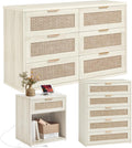 LEYAOYAO Rattan Dresser and Nightstand Set of 3, Boho Wood Dresser for Bedroom with 6 Drawers and Night Stand with Charging Station, Bedroom Furniture, Dressers & Chests of Drawers,Hallway,Living Room