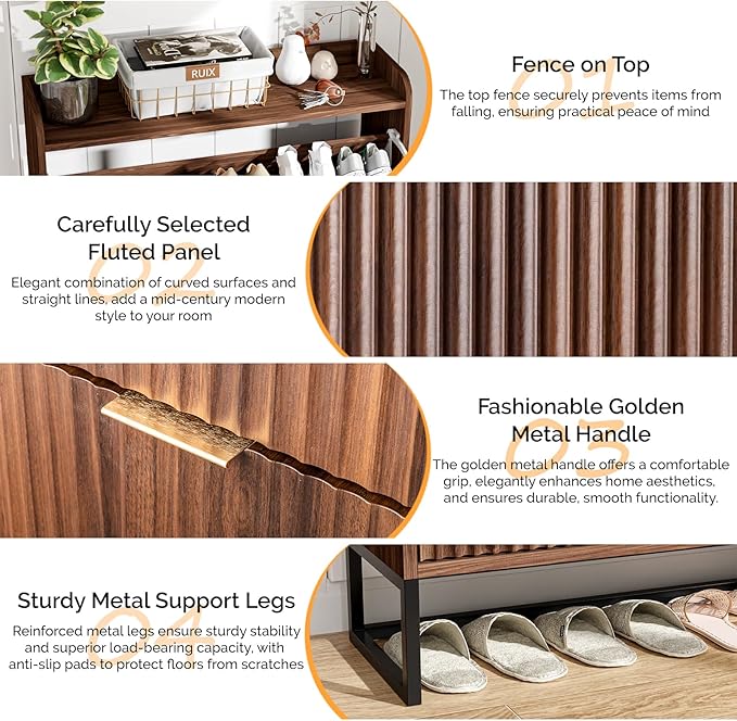 VINGLI Fluted Shoe Cabinet Storage for Entryway,Hidden Shoes Storage Cabinet with 2 Flip Drawers, Mid Century Modern Shoe Rack Organizer,Free Standing Shoes Organizer for Hallway(Dark Walnut)