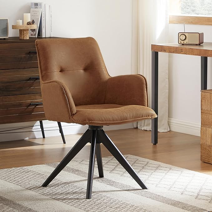 Art Leon Home Office Desk Chair - Faux Leather Upholstered Accent Armchair, Mid Century Swivel Chair with Black Oak Wood Legs for Small Space Living Room Bedroom, Brown