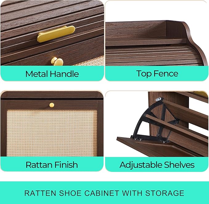LINSY Shoe Storage Cabinet, Rattan Shoe Cabinet Flip Drawer Shoes Rack Cabinet with Sliding Tambour Door, Large Shoe Cabinets Mid Century Modern Hidden Shoe Storage Organizer for Entryway, Walnut
