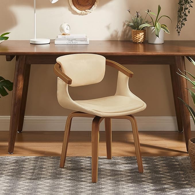 Art Leon Swivel Desk Chair - Mid Century Modern Office Chair, Faux Leather Upholstered Swivel Accent Chair for Small Spaces Living Room Bedroom, Cream