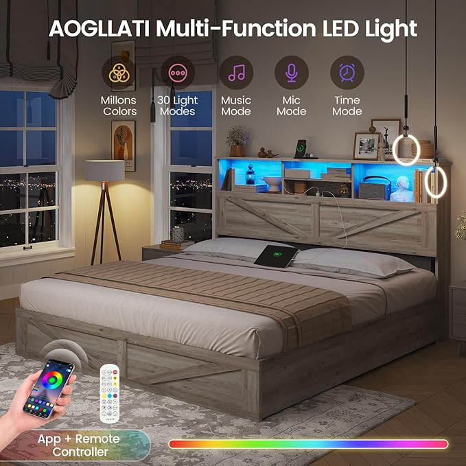 AOGLLATI Farmhouse Queen Bed Frame with 4 Storage Drawers and Led Lights, Wooden Bed Frame Queen Size with Hidden Space Bookcase Headboard and Led Lights & Metal Slats, Grey
