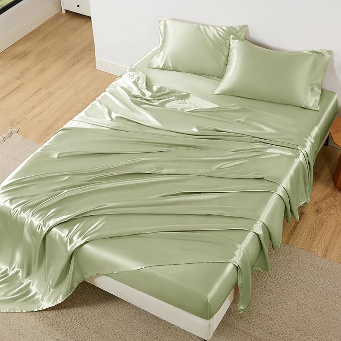 Bedsure Satin Sheets Queen Size - 4 Piece Silky Bedsheets with 15 Inches Deep Pocket Fitted Bedsheet,1 Flat Sheet, 2 Satin Pillowcases, Good for Hair & Skin (Queen, Sage Green)