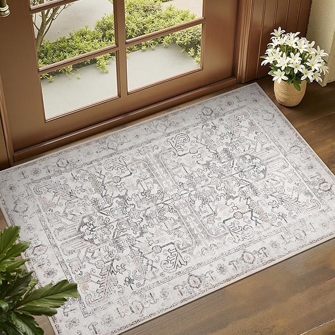 jinchan Lima 2x3 Entryway Washable Rug - Non-Slip Indoor Distressed Doormat Small Rug Low Pile Ultra-Thin Accent Floral Print Indoor Mat for Entrance Kitchen Bathroom Bedroom (2x3ft, Taupe)