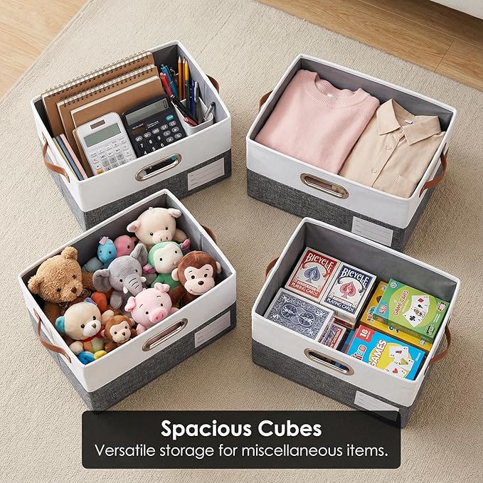 PRANDOM Storage Boxes with Lids [3-Pack] Linen Fabric Foldable Storage Bins Organizer Containers Baskets Cube with Cover for Closet Office Nursery Grey&White（11.4X8.6X6.7
