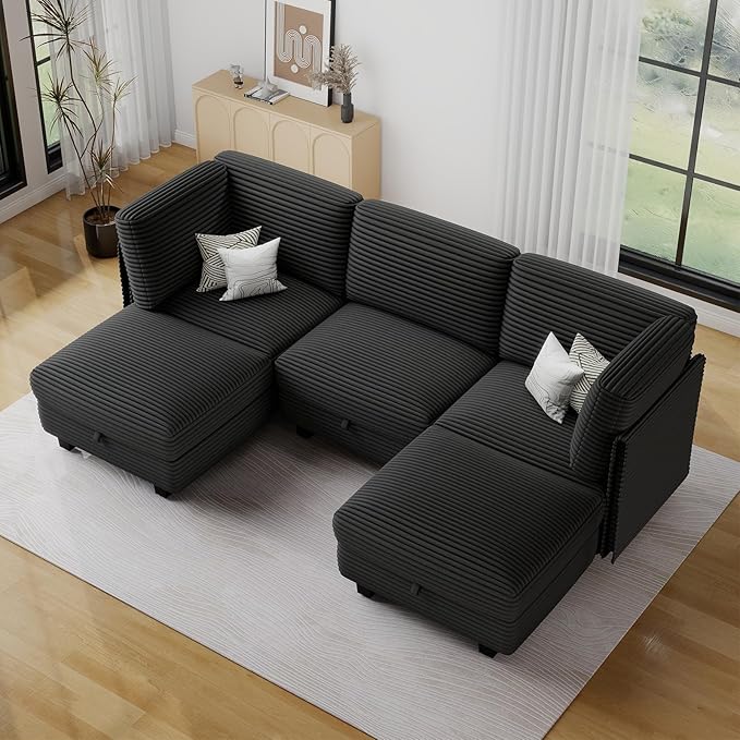 Modular Sectional Sofa with Adjustable Backrest,Large Convertible L/U-Shaped Sleeper Couch for Living Room,Cloud Sofa Bed Modern Reversible Design,Black