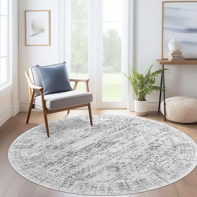 8x8 Grey Round Rug 8ft Living Room Circle Rug Vintage Round Area Rug Non Slip Indoor Carpet for Apartment