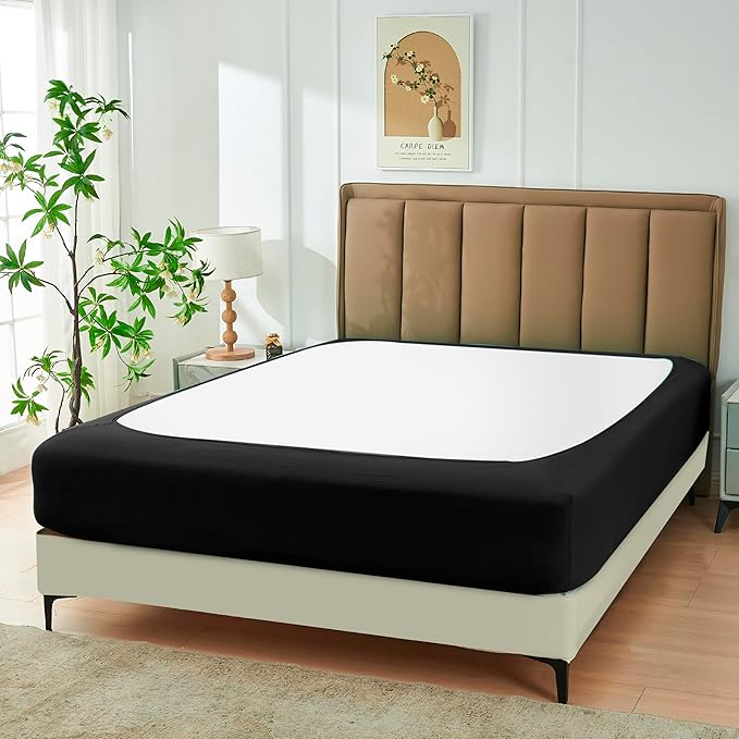 Biscaynebay Decorative Box Spring Cover King & Cal King Size, Black Luxurious Jersey Knitting Stretchy Wrap Around 4 Sides Bed Skirts for Home/Hotels, Easy Fit Wrinkle Free Machine Washable