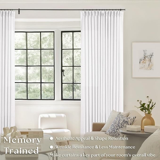 Thick Linen White Curtains 90 Inches Long for Living Room Bedroon Aesthetic Pinch Pleated Drapes with Hooks Rings Back Tab Light Filtering Semi Sheer Ceiling Floor Custom Made Memory Trained Curtain