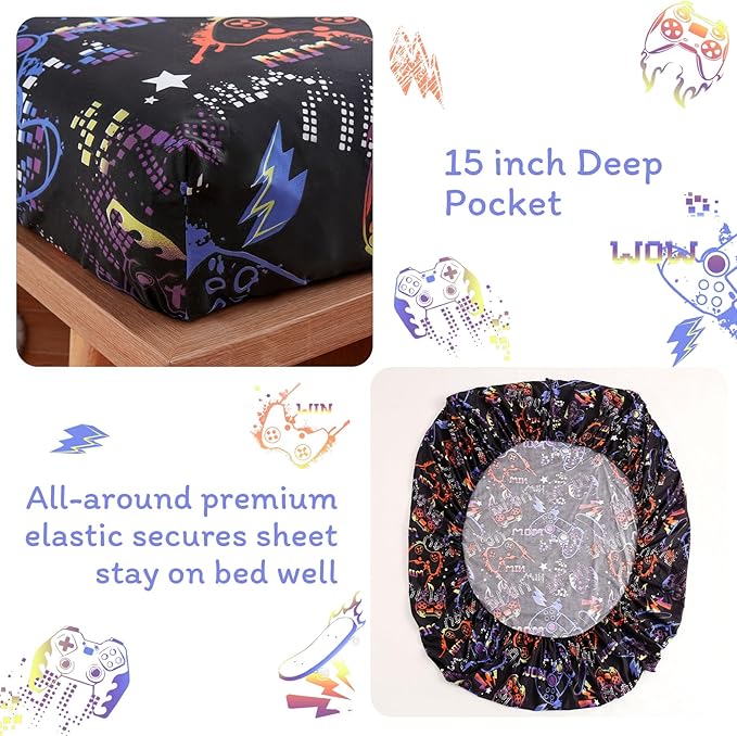JSD Black Gaming Sheet Set Twin Size, 3 Piece Soft Kids Boys Printed Microfiber Bed Sheets Deep Pocket