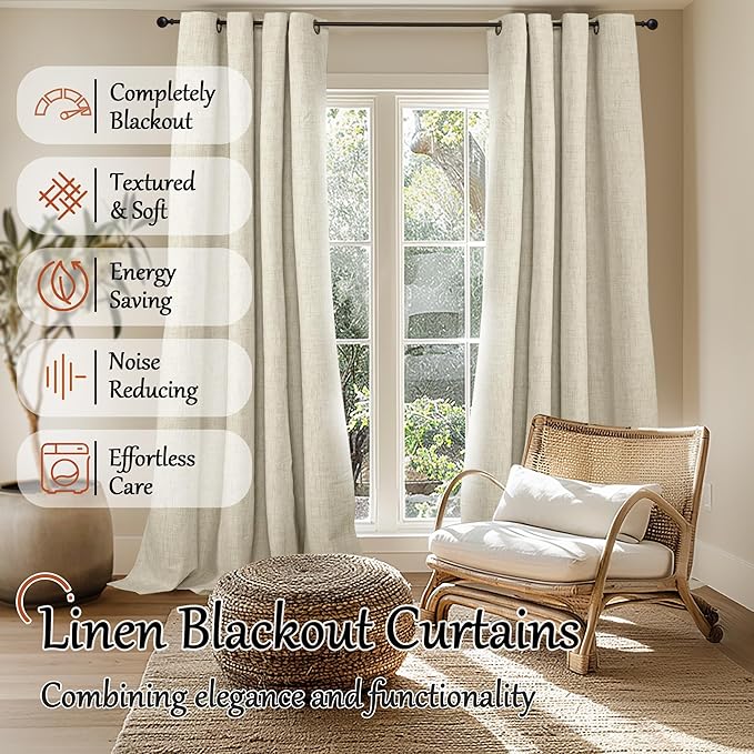 60 Inch Wide Linen Blackout Curtains for Living Room/Bedroom 84 Inch Length 2 Panels, Total Black Out Thermal Insulated Soundproof Grommet Boho Window Drapes White Liner for Modern Farmhouse, Natural
