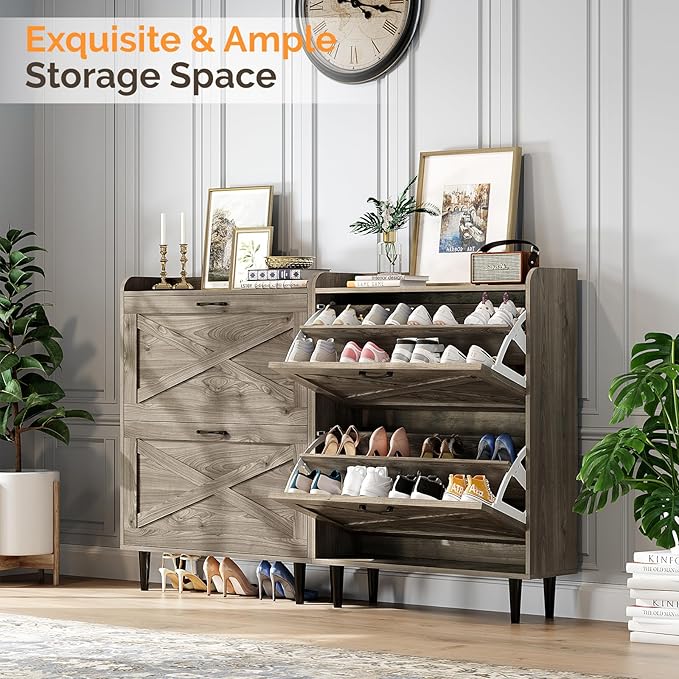 VINGLI Shoe Storage Cabinet for Entryway with 2 Flip Drawers, Ultra Slim Freestanding Entryway Shoe Organizer with Wood Tapered Legs,Hidden Closed Shoe Rack,31.6" W * 9.4" D * 39.4" H, Grey Oak