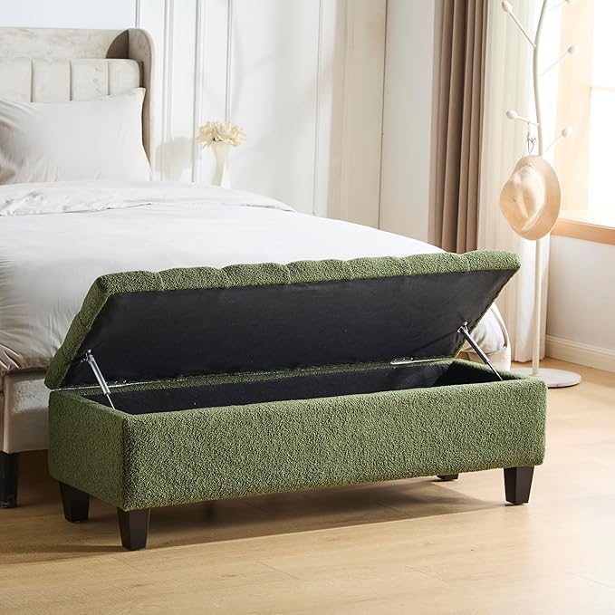 GDFStudio Boucle Storage Ottoman Bench with Button Tufting, 50.75” Upholstered Entryway Bench with Hidden Storage, Soft Close Lid, Rubberwood Legs, Extra Seating for Bedroom, Living Room – Green