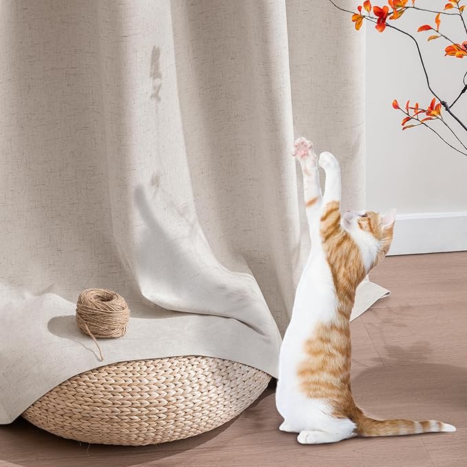 PrinceDeco Thick Linen Blackout Curtains Room Darkening Curtains 84 Inch Length Black Out Curtains for Bedroom Cold and Full Light Blocking Drapes with White Liner Grommet(2 Panels,Heathered Natural)