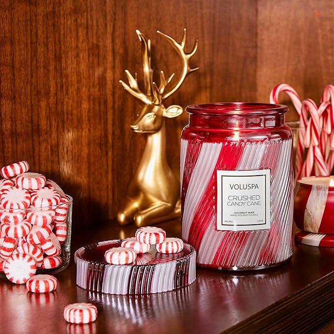 Voluspa Crushed Candy Cane, Large Candle Jar, 18 oz, 100 Hour Burn Time, Coconut Wax for Clean Burning, Handcrafted in The USA