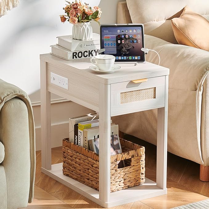 LEYAOYAO Narrow Side Table with Charging Station, Rattan Night Stand with Drawer Storage, Natural Wood Bedside End Table with Metel Handle for Small Spaces, Boho Nightstand for Living Room Bedroom