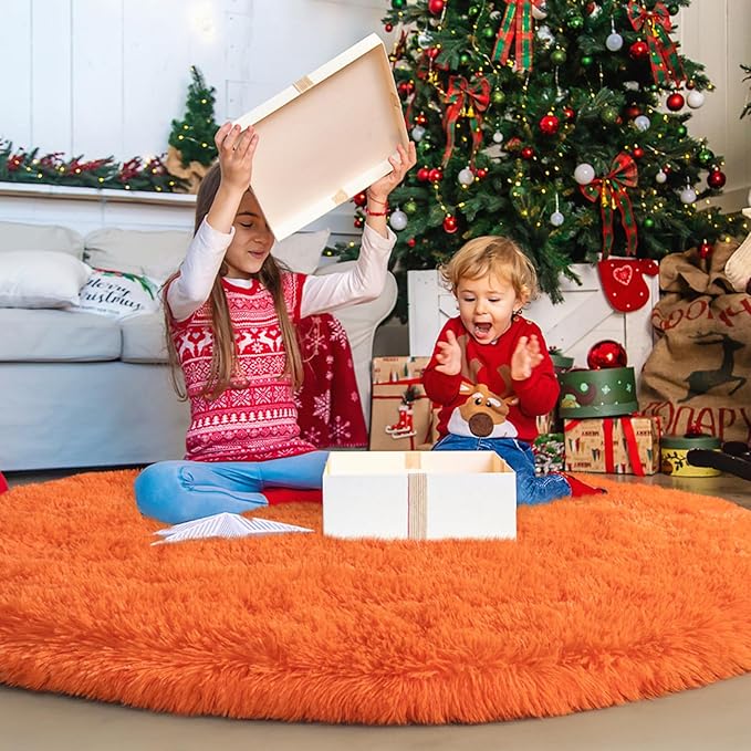 Round Orange Rug for Bedroom, 5 ft Circle Area Rugs for Living Room, Soft Fluffy Shag Carpet for Teen Girls Boys Nursery Room Dorm Home Decor Aesthetic