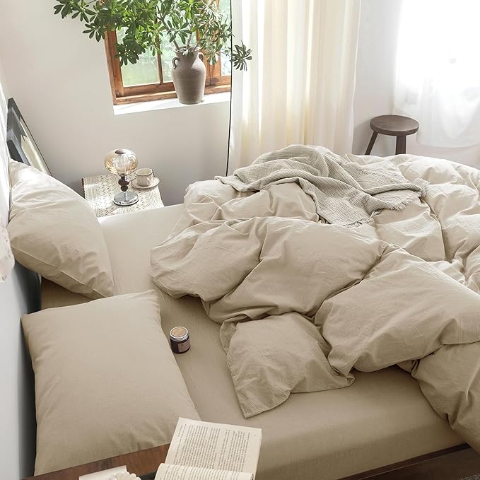 FOSSA Duvet Cover Set 100% Washed Cotton Linen Feel Super Soft Breathable Cozy 3 Pieces Bedding Sets Solid Light Khaki King