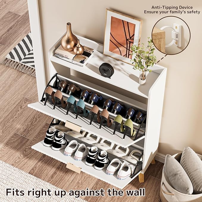 Slim Shoe Storage Cabinet for Entryway, 2 Flip Drawers Wooden Organizer with Fluted Panel, Secure Fence Top for Plants & Decor, Hidden Shoe Storage for Hallway & Foyer (White)