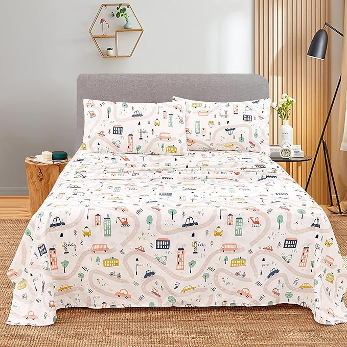JSD Car Kids Printed Sheet Set Full Size, 4 Piece Soft Microfiber Bed Sheets Deep Pocket