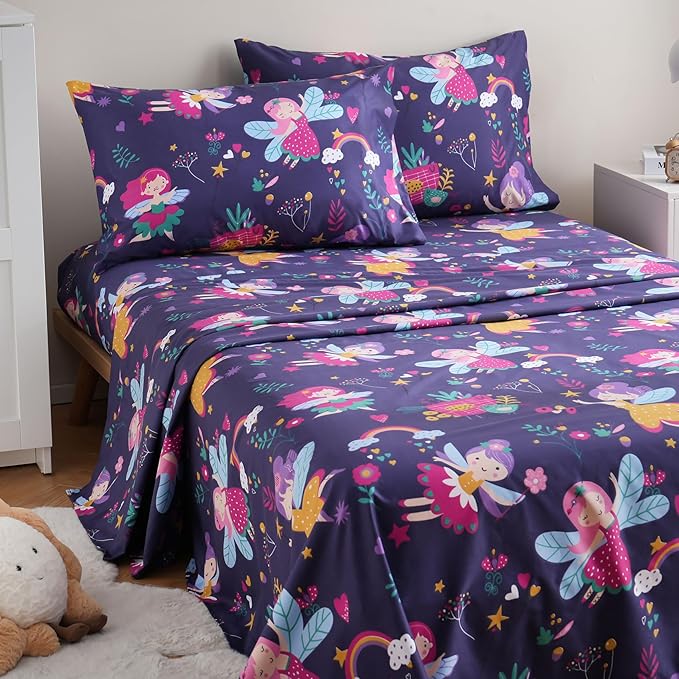 JSD Purple Fairy Kids Sheet Set Full Size, 4 Piece Girls Floral Printed Microfiber Sheets Deep Pocket