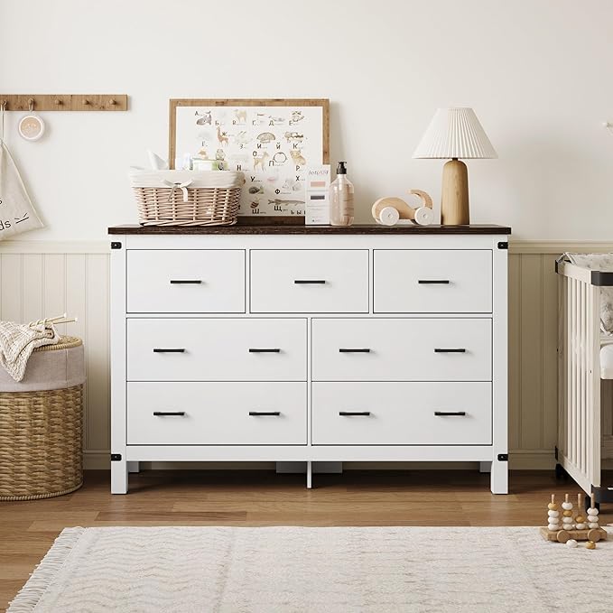 LINSY HOME Farmhouse Dresser for Bedroom with 7 Drawers, 53” Wide Rustic Wood Chest with Deep Drawer, Modern Dressers with Storage and Metal Handles for Closet, Living Room, Hallway, Off White