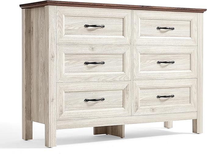 LINSY HOME 6 Drawers Dresser for Bedroom, 47" Wide Wooden Storage Chest with Antique Handles, Modern Farmhouse Dresser TV Stand with Wood Legs for Closet, Living Room, Hallway, Beige