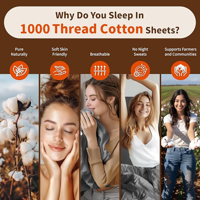 LBRO2M 1000 Thread Count 100% Egyptian Cotton Sheets Set 6 Piece Sets Queen Bed Sheet Deep Pocket Sheet Set 16" Soft Comfortable All Season (Queen, Dark Gray)
