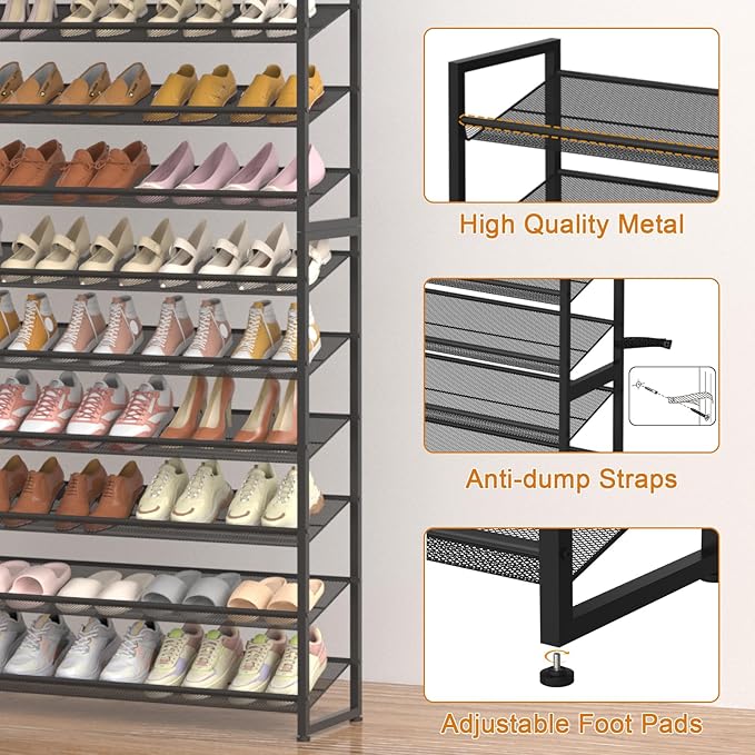 Large Shoe Rack 12 Tier Shoe Organizer, Heavy Duty Metal 6-Tier Stackable Shoe Storage Vertical Shoe Rack for Closet Front Door Entrance, Up to 75 Pairs, 44.8" W x 11.4" D x 85.1" H, Black