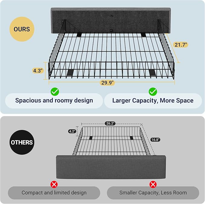 Allewie Upholstered Full Size Platform Bed Frame with 4 Storage Drawers and Headboard, Square Stitched Button Tufted, Mattress Foundation with Wooden Slats Support, No Box Spring Needed, Light Grey