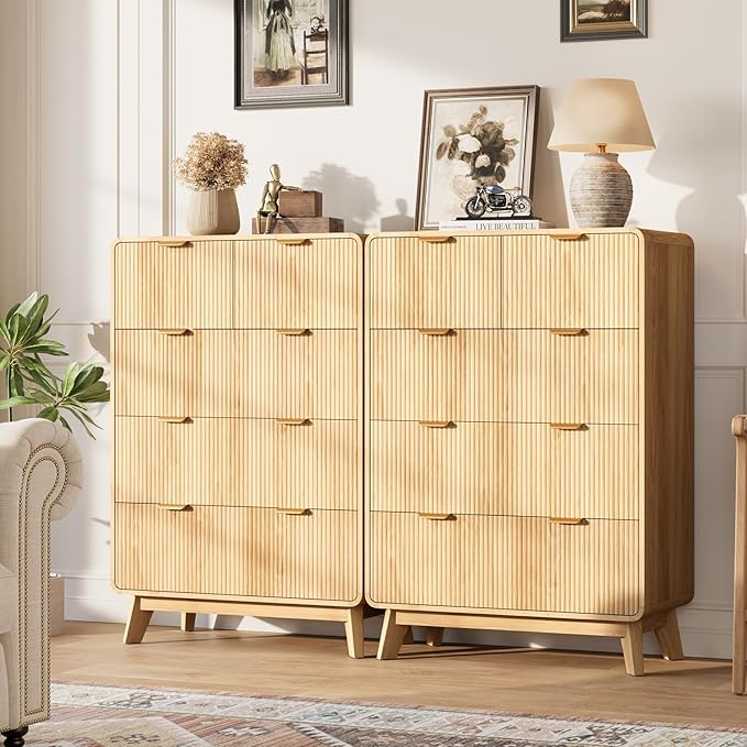 QUW Fluted Dresser for Bedroom with 5 Drawers, Modern 40.2" Tall Drawer Dressers with Metal Handle, Wooden Chest of Dresser for Living Room, Hallway, Natural Oak