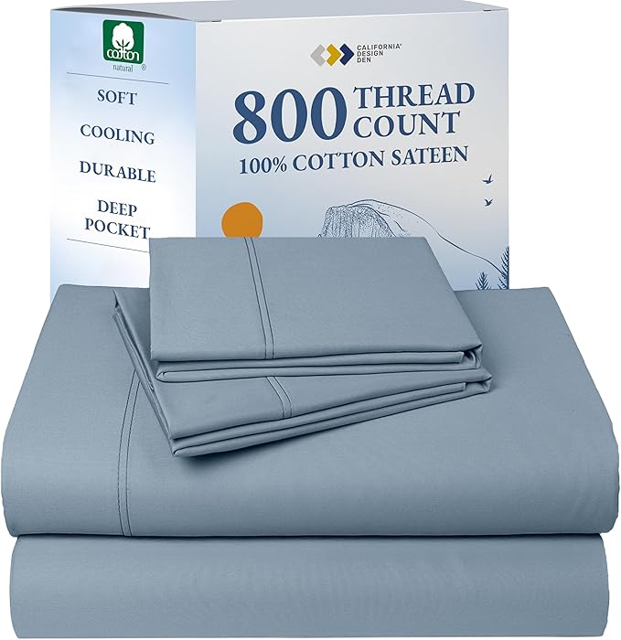 California Design Den Luxury 100% Cotton Sateen - Buttery Soft 800 Thread Count Queen Bed Sheet Set, Durable Deep Pocket Sheet Set - Blue