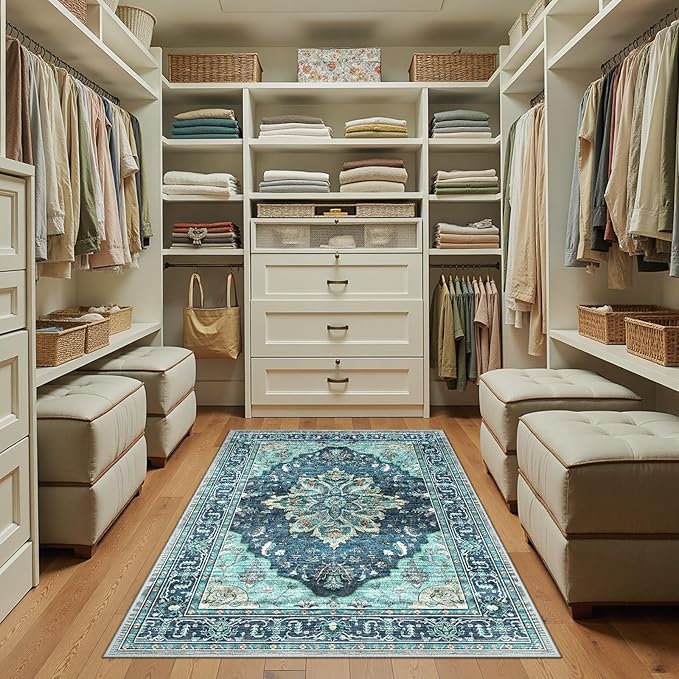 Area Rugs 3'x5' Washable Non-Slip, Floral Vintage Distress Print Pattern Medallion Carpet for Living Room Bedroom Dining Room, Teal Green Lake Blue Turquoise