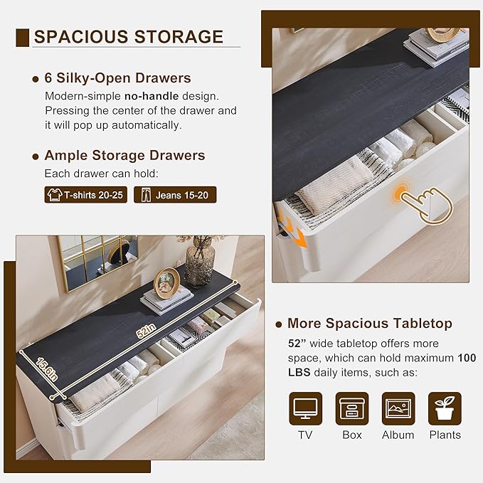 ACCOHOHO Modern 6 Drawer Dresser for Bedroom, 52" Wide Wooden Dressers with Large Storage,Handleless Chest of Drawers TV Stand for Living Room & Hallway, Curved Profile Design, White