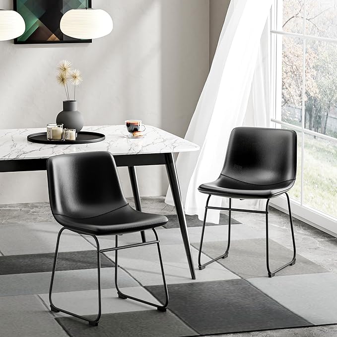 Dining Chairs Set of 4, 18 Inch Faux Leather Kitchen Dining Chairs with Back, Modern Armless Dining Room Chair with Metal Legs for Home Bistro Coffee Shops (Black)