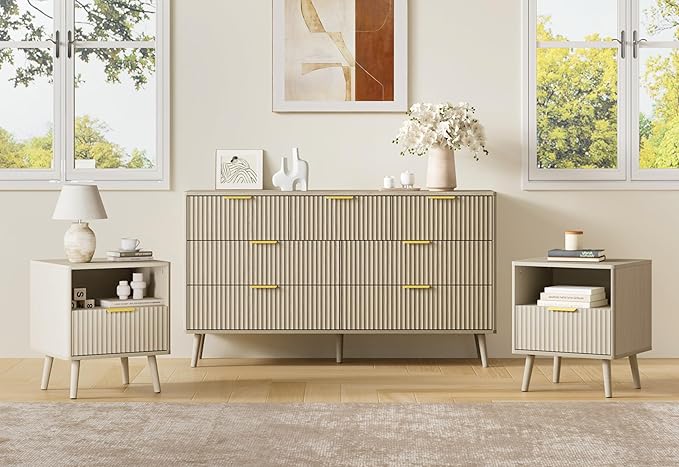 LYNSOM Fluted Dresser and Nightstand Sets 3 Piece, 7-Drawers Dresser and 1-Drawer Nightstands Set of 2, Wood Bedroom Furniture Set for Home, Bedroom, Hallway, Beige