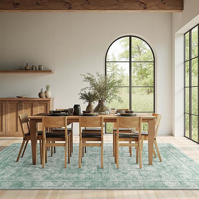 jinchan 8x10 Machine Washable Area Rugs for Living Room – Vintage Floral Soft Stain Resistant Low Pile Rug, Non Slip Ultra-Thin Carpet for Bedroom, Dining Room, Home Office, Nursery (8'x10', Green)
